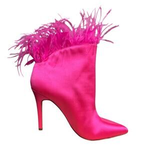 Jessica Simpson Prixey Neon Pink Satin Feather Trim Pointed Toe Stiletto Bootie